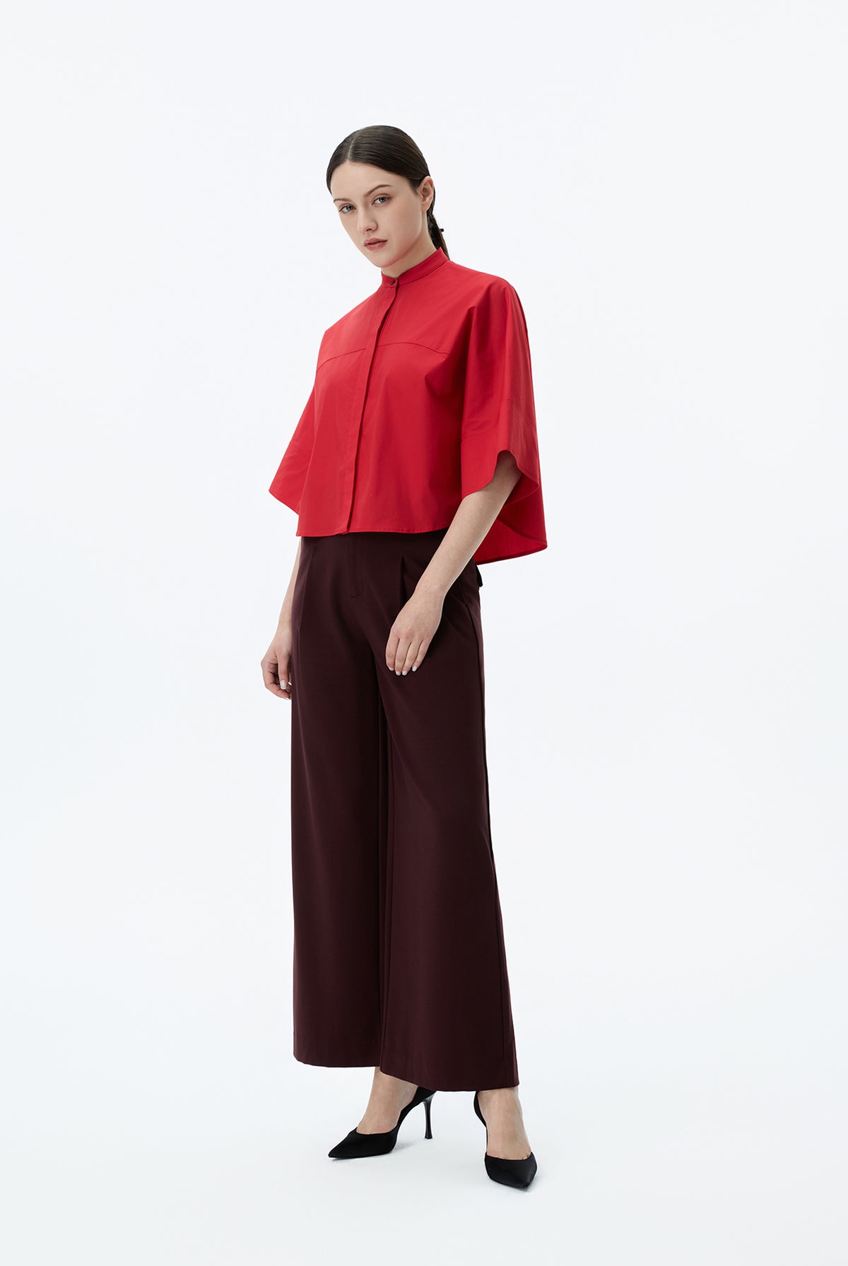 Wide-Sleeve Mandarin-Collar Shirt