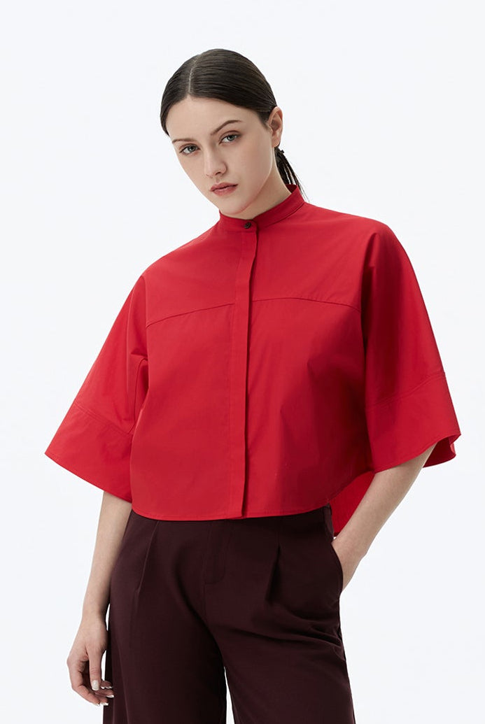 Wide-Sleeve Mandarin-Collar Shirt