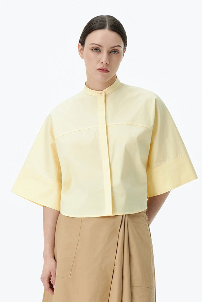 Wide-Sleeve Mandarin-Collar Shirt