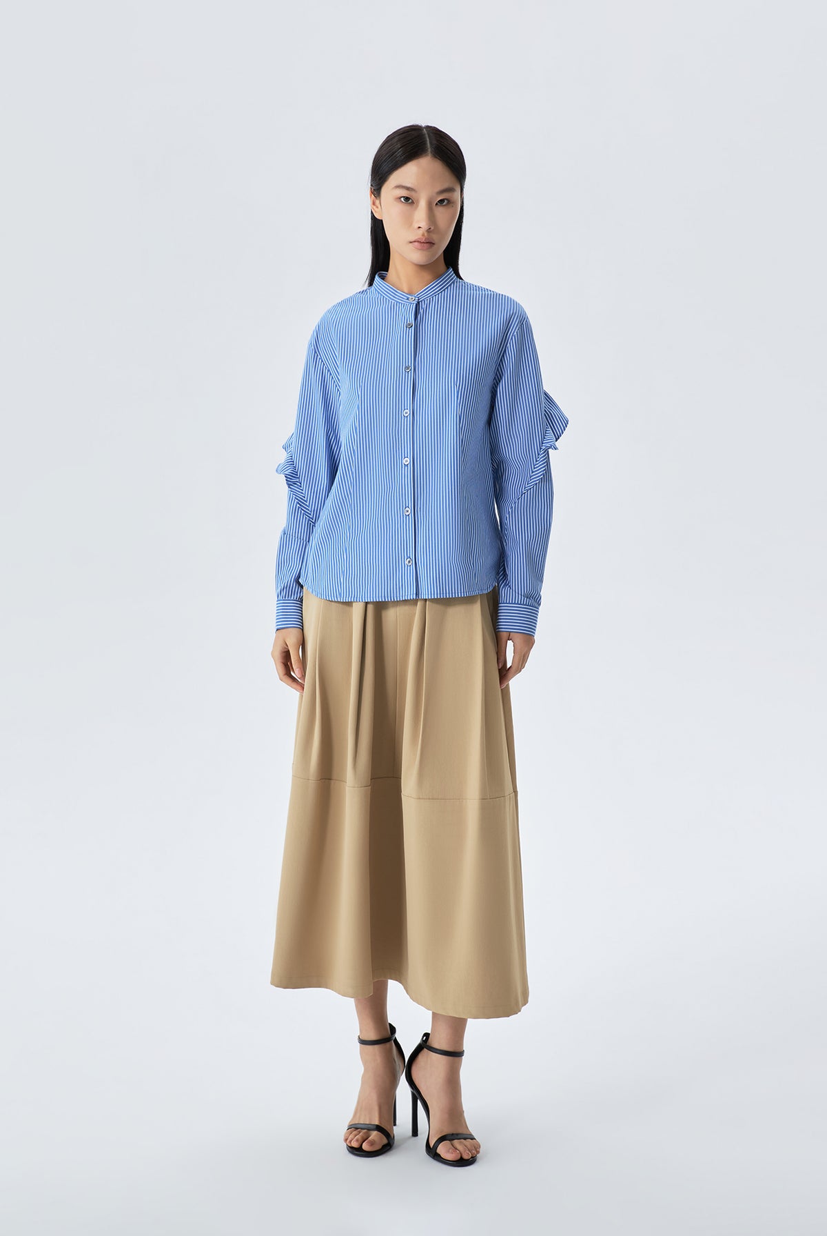 Bess Striped Open Front Flute Sleeve Shirt