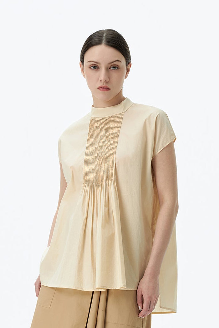 Boxy High Collar Top With Pintucks