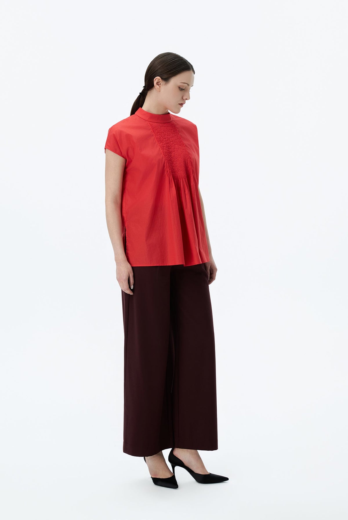 Boxy High Collar Top With Pintucks