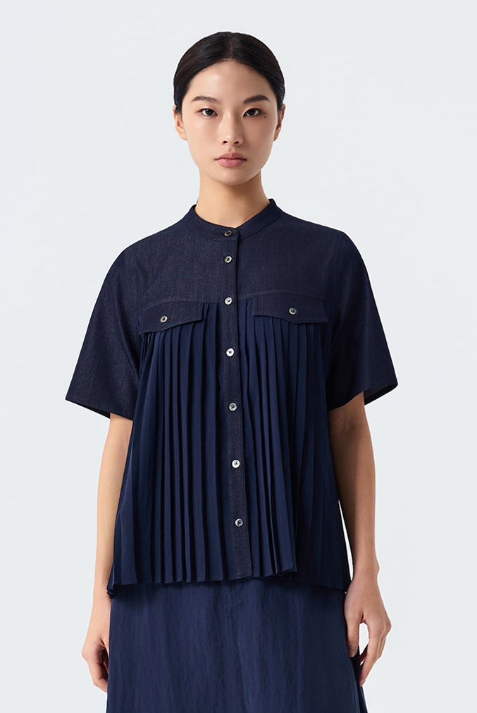 Molly Pleated Front-Button Blouse