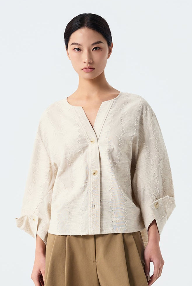 Julia Textured Origami-Cuff Blouse