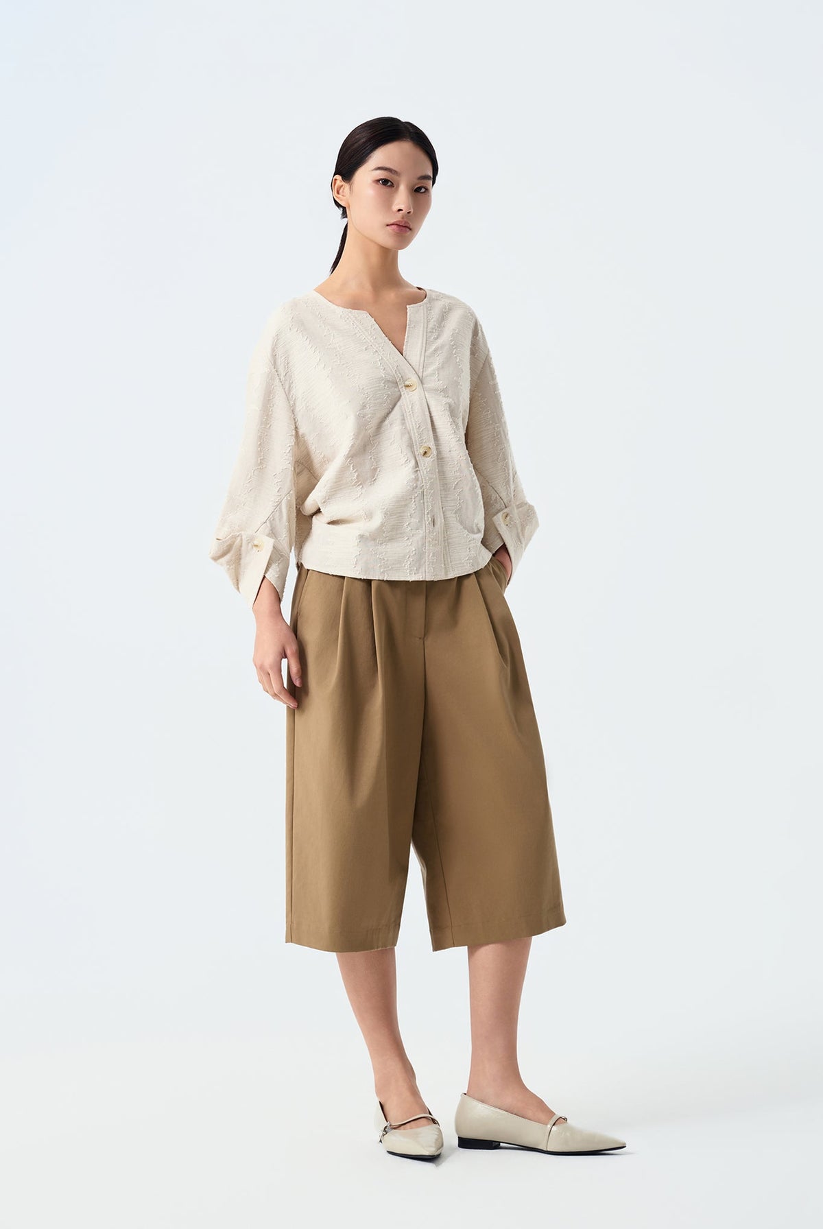 Julia Textured Origami-Cuff Blouse