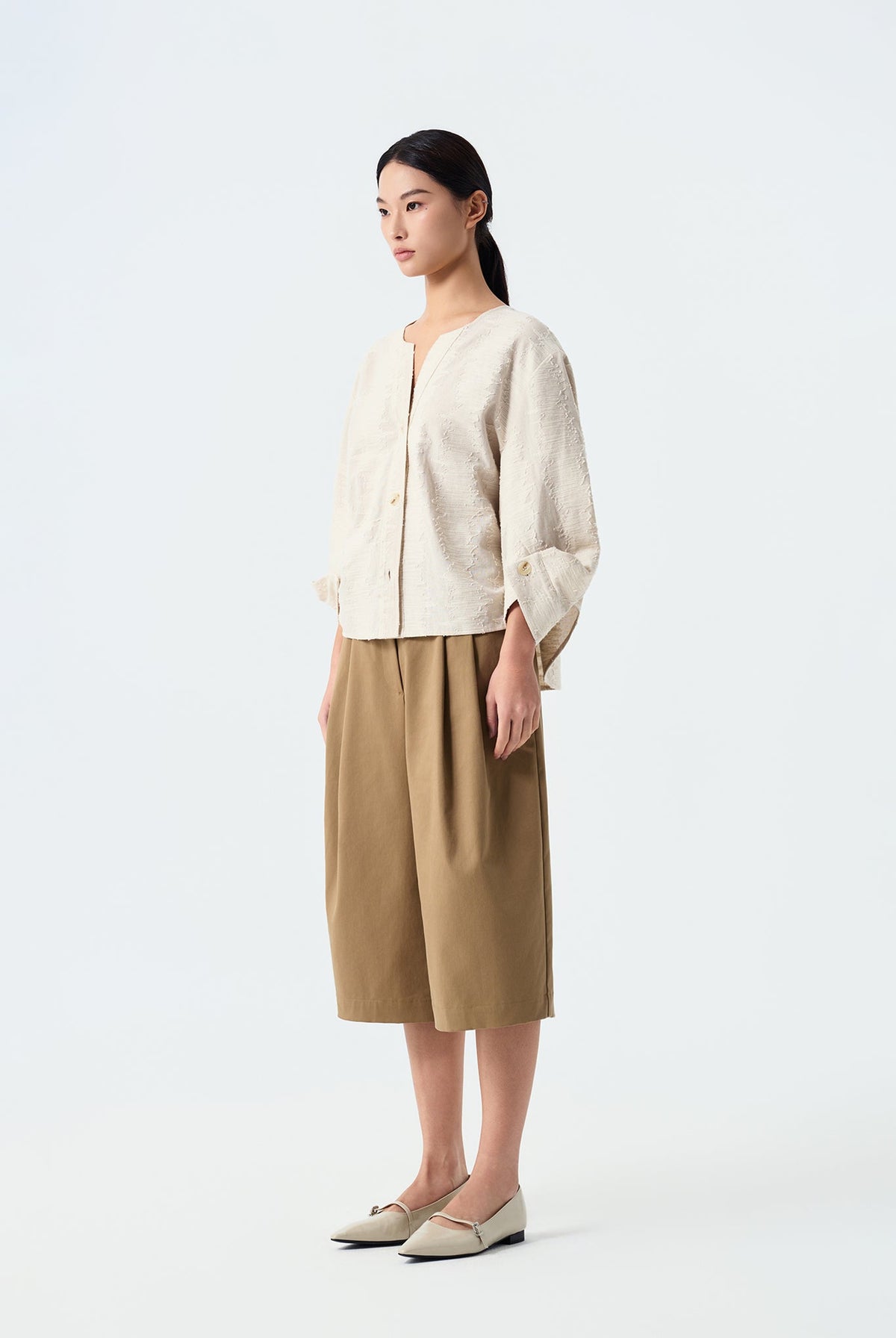 Julia Textured Origami-Cuff Blouse