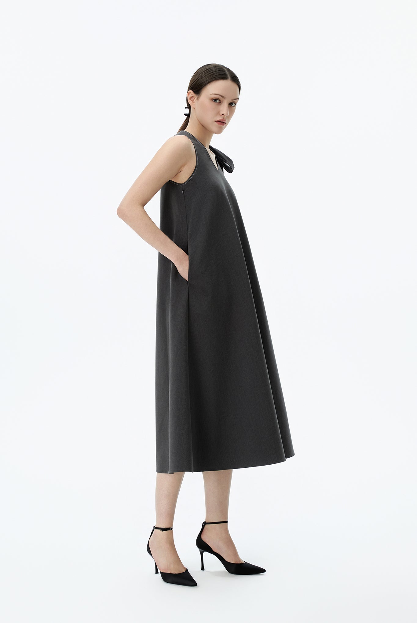 V-Neck Midi Dress With Shoulder-Tie