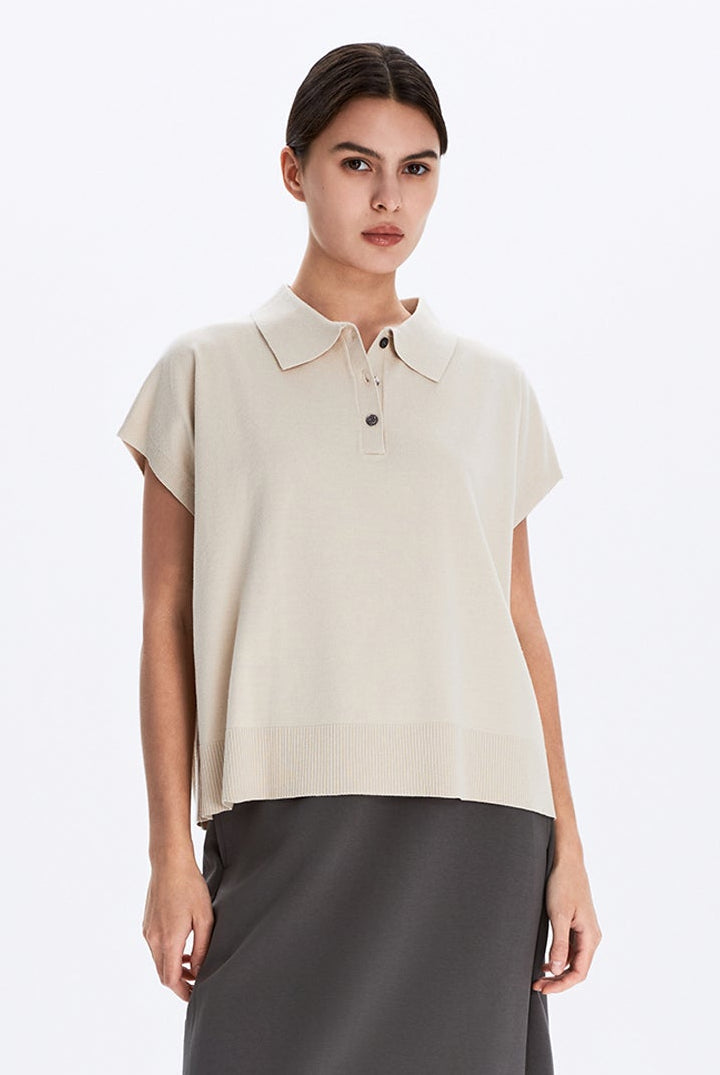 Boxy Sweater Knit Polo Top