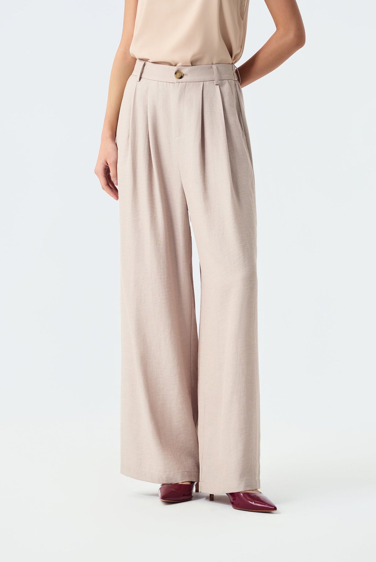 Lena Front-Pleated Wide-Leg Trousers