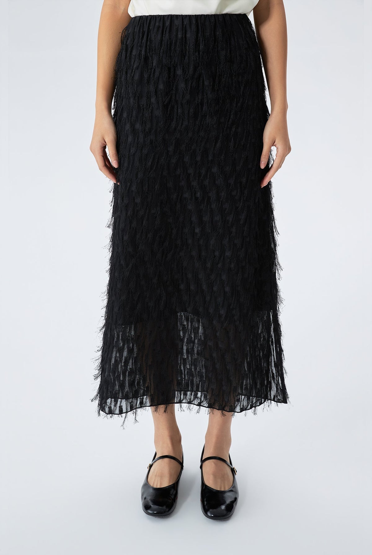 Kimmy Fringe Textured Midi Skirt