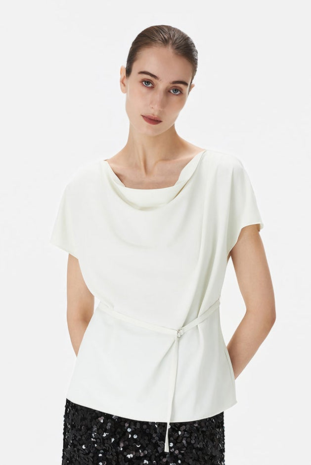 Boat Neck Blouse with Self-Tie