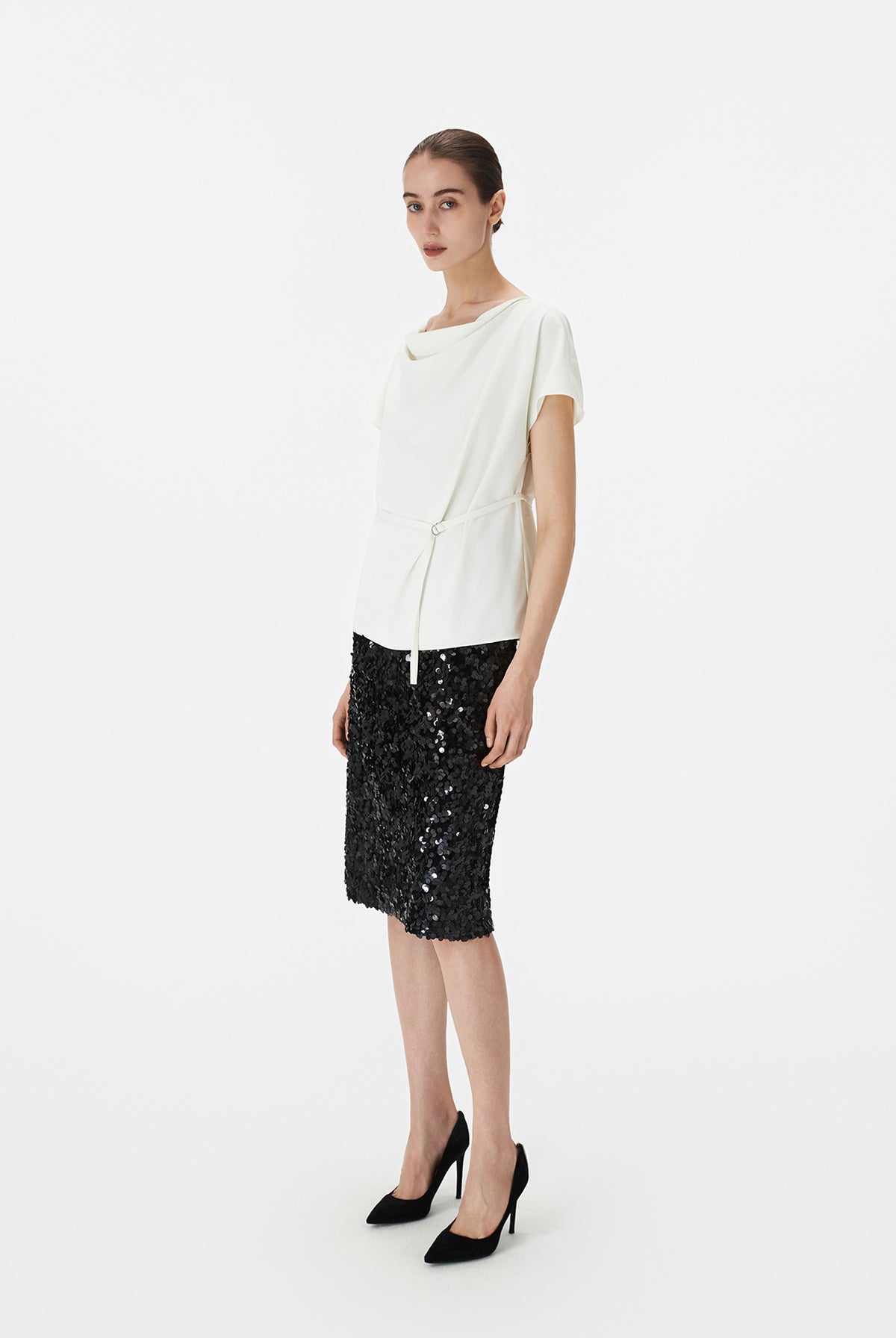 Boat Neck Blouse with Self-Tie
