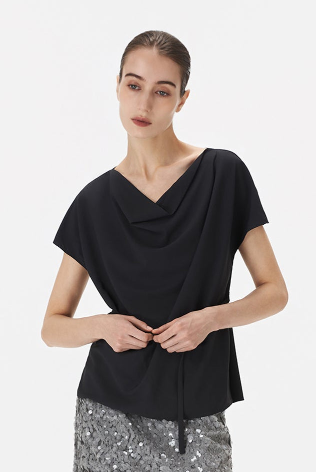 Boat Neck Blouse with Self-Tie