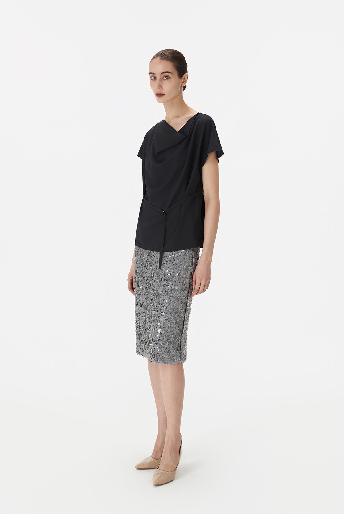 Boat Neck Blouse with Self-Tie
