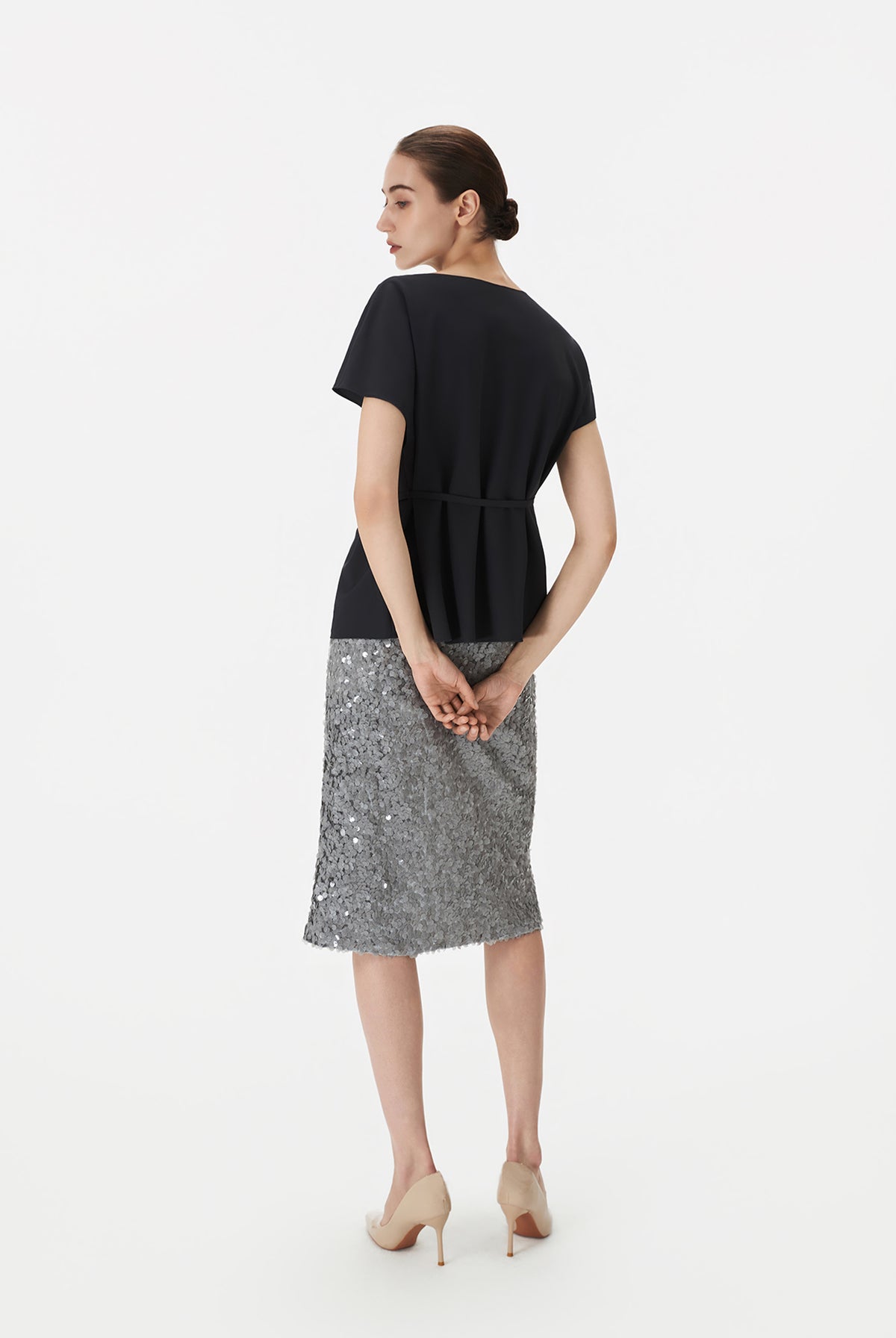 Boat Neck Blouse with Self-Tie