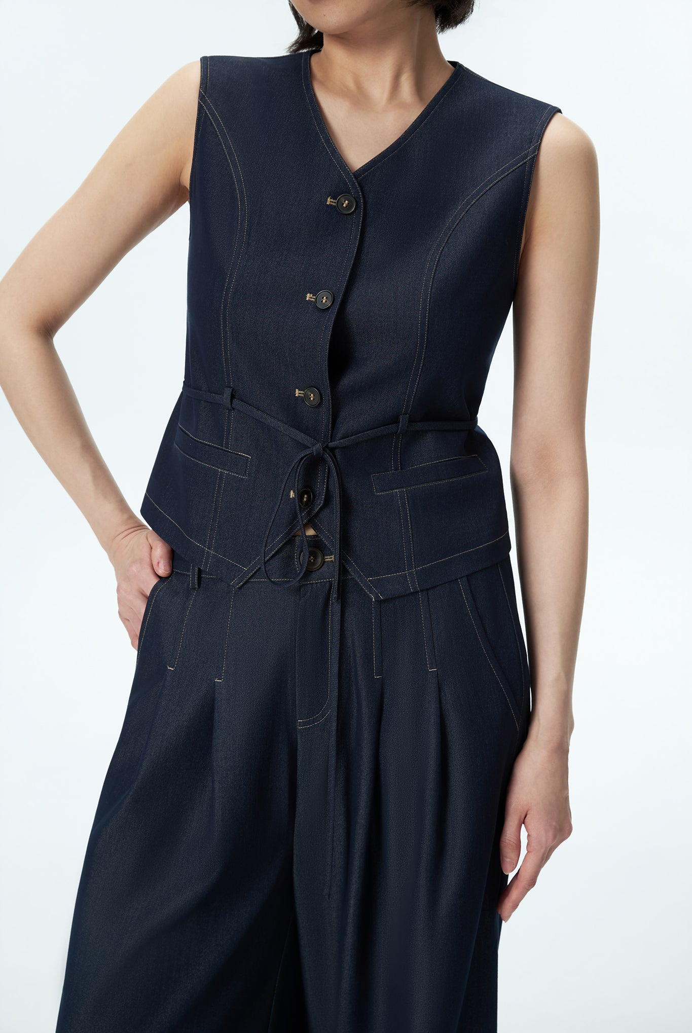Denim Waistcoat with Self-Tie