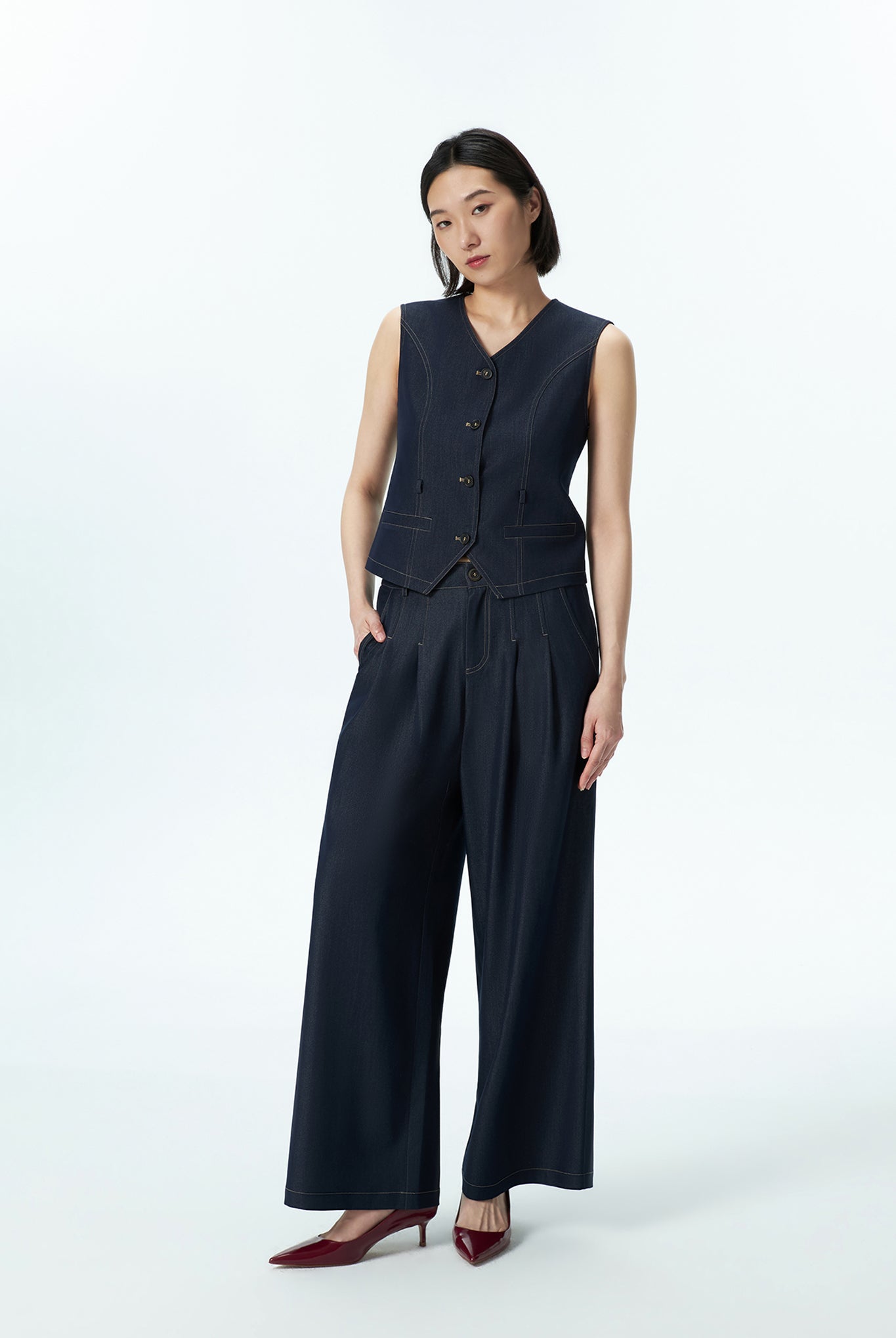Denim Waistcoat with Self-Tie